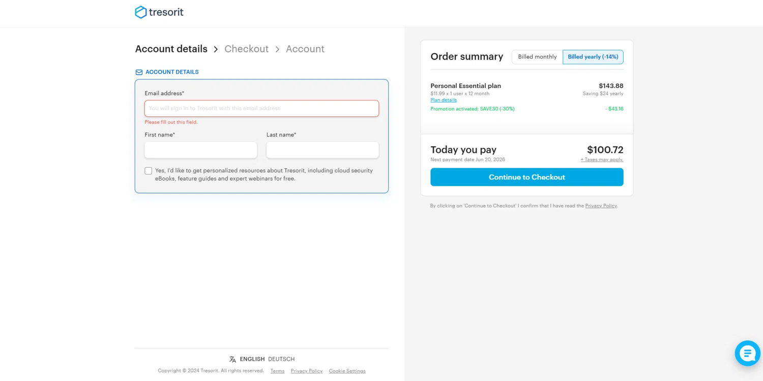 Tresorit promo code screenshot showing code SAVE30 applied at Tresorit checkout page. Uploaded by SimplyCodes community member SmartChaser6420 on Jun 20, 2025