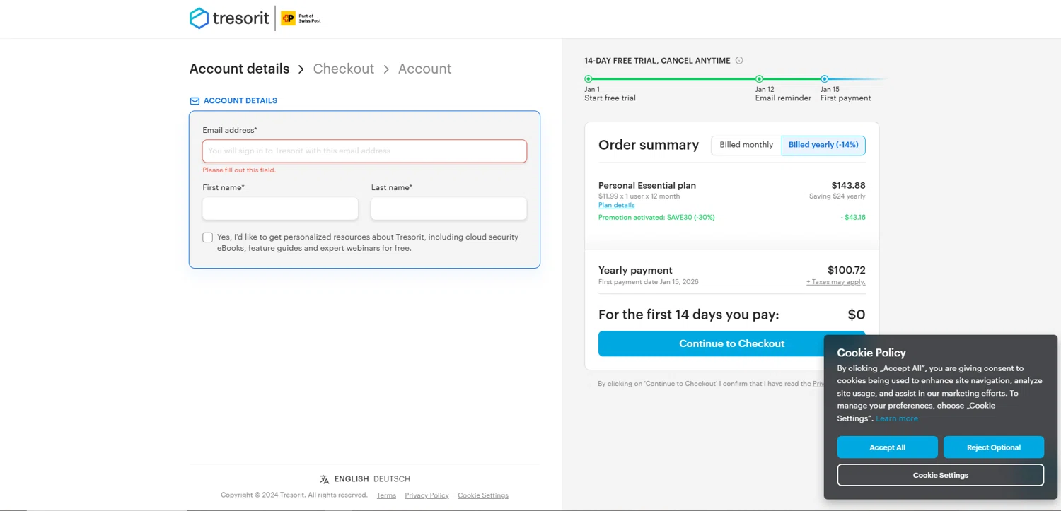 Tresorit checkout page showing Tresorit promo code box | Screenshot taken by SimplyCodes community member on Jan 1, 2026