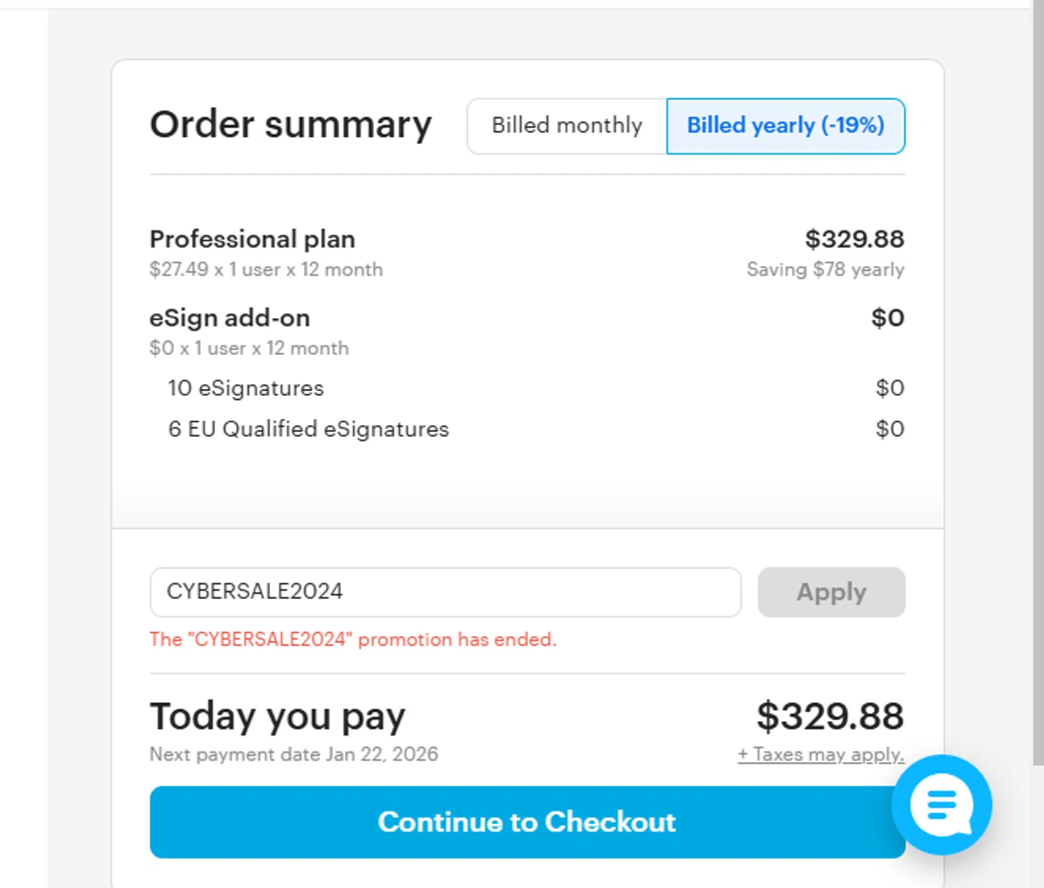 Tresorit promo code screenshot showing code CYBERSALE2024 applied at Tresorit checkout page. Uploaded by SimplyCodes community member SilverMonarch6357 on Jan 22, 2025