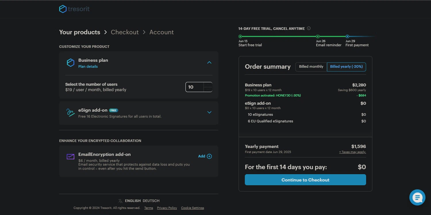 Tresorit promo code screenshot showing code HONEY30 applied at Tresorit checkout page. Uploaded by SimplyCodes community member _Capi_ on Jun 15, 2025