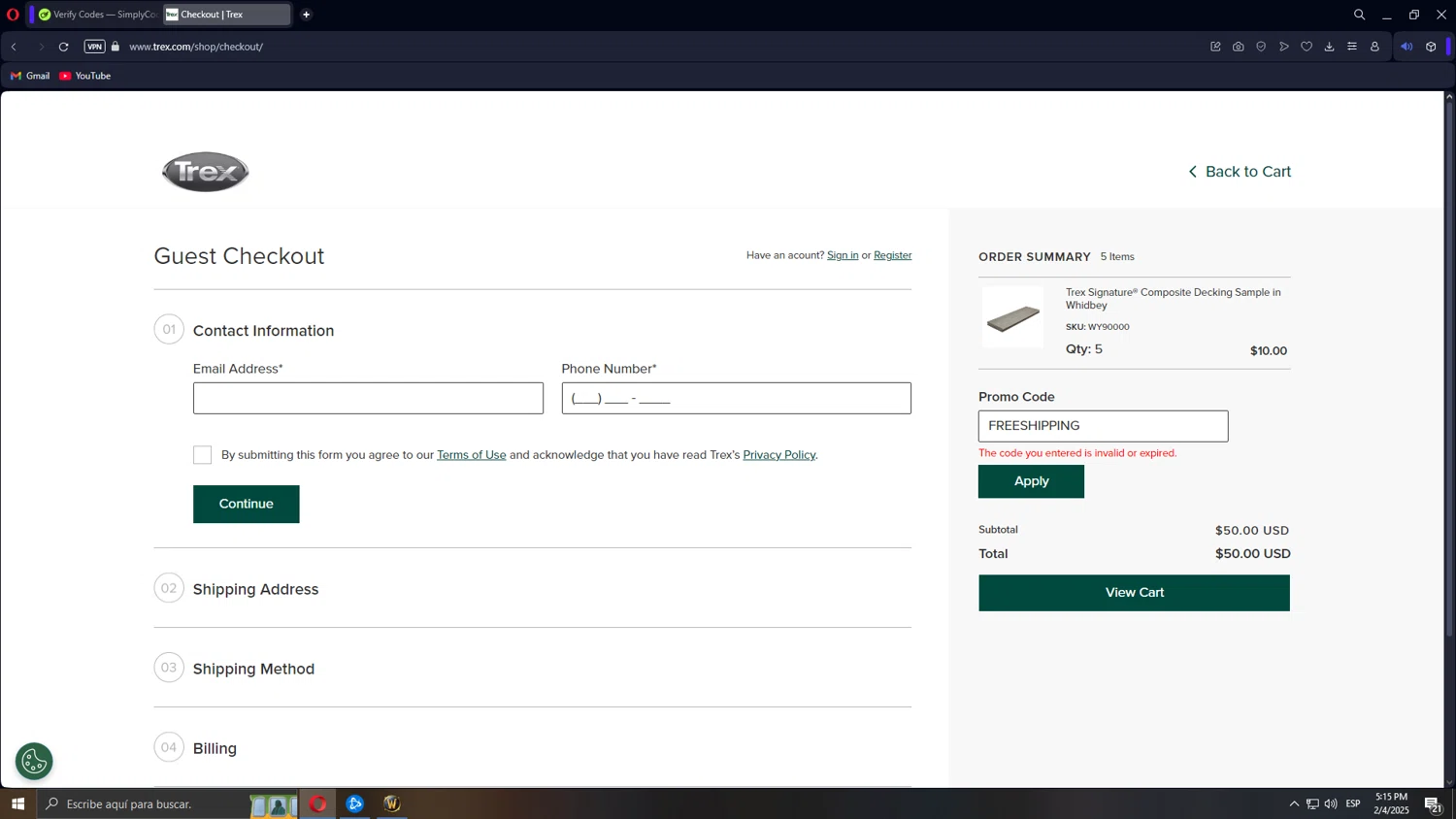 Trex promo code screenshot showing code FREESHIPPING applied at Trex checkout page. Uploaded by SimplyCodes community member Tonikr8 on Feb 4, 2025