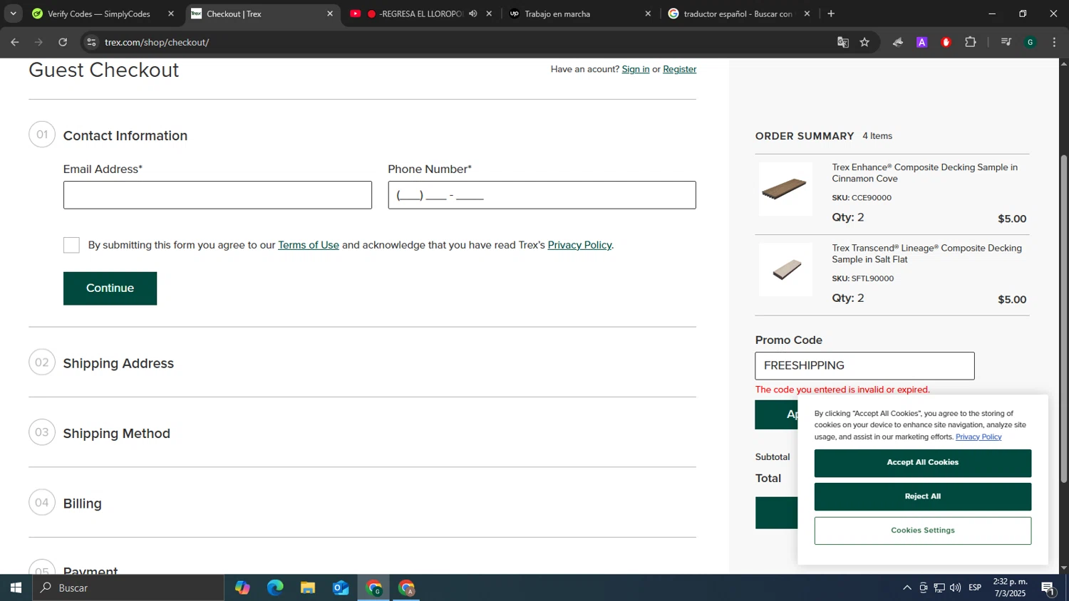 Trex promo code screenshot showing code FREESHIPPING applied at Trex checkout page. Uploaded by SimplyCodes community member tonikros on Mar 7, 2025