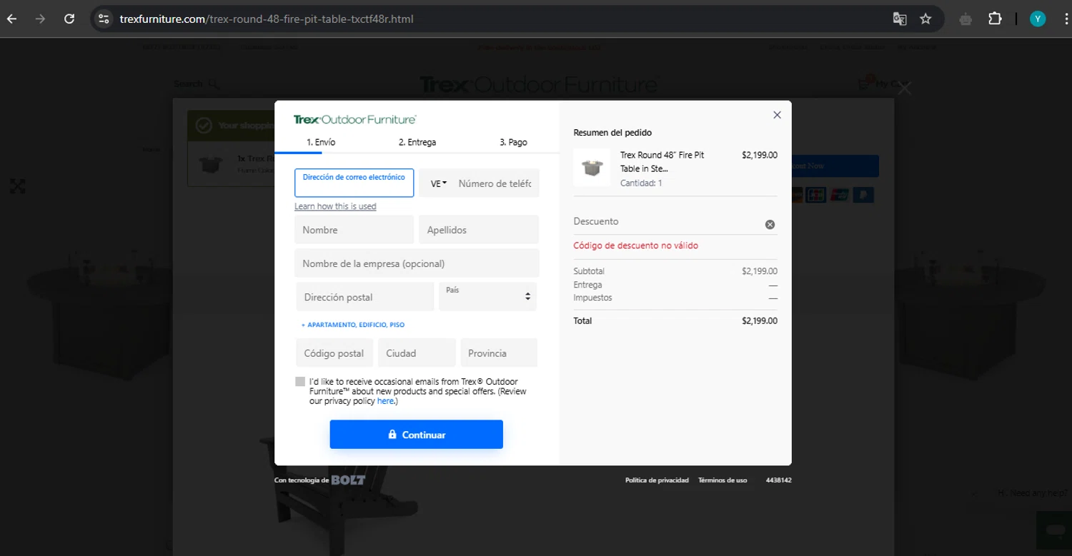 Trex Outdoor Furniture promo code screenshot showing code YANY-77AF applied at Trex Outdoor Furniture checkout page. Uploaded by SimplyCodes community member ValueTiger695 on Mar 17, 2025