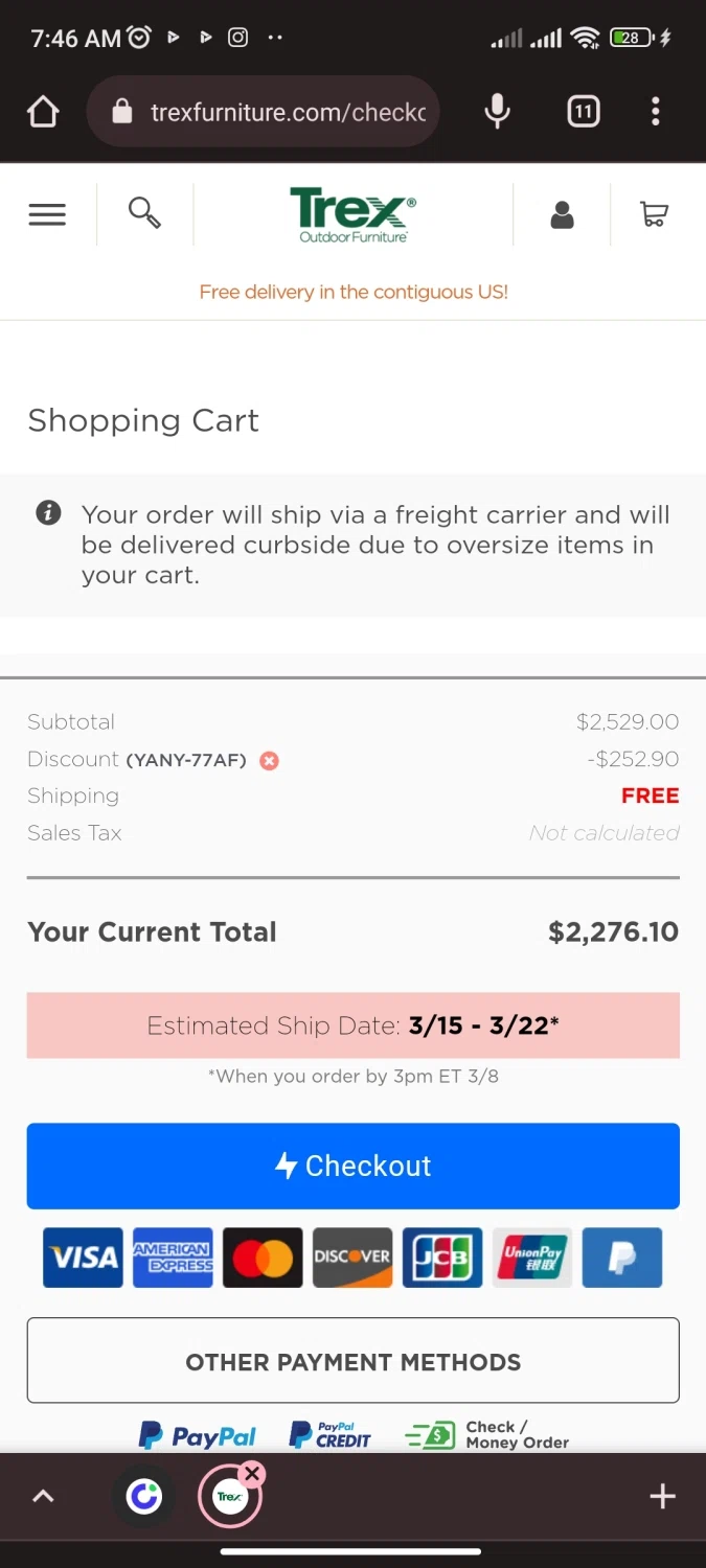 Trex Outdoor Furniture checkout page showing Trex Outdoor Furniture promo code box | Screenshot taken by SimplyCodes community member on Mar 8, 2023