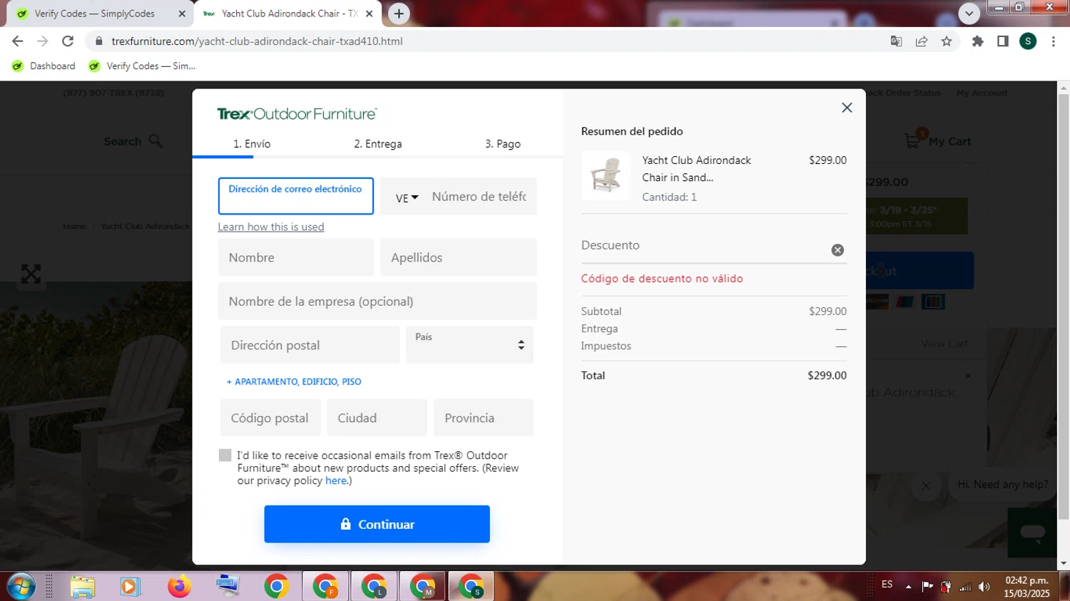 Trex Outdoor Furniture promo code screenshot showing code SUMMER10 applied at Trex Outdoor Furniture checkout page. Uploaded by SimplyCodes community member PromoExpert3105 on Mar 15, 2025