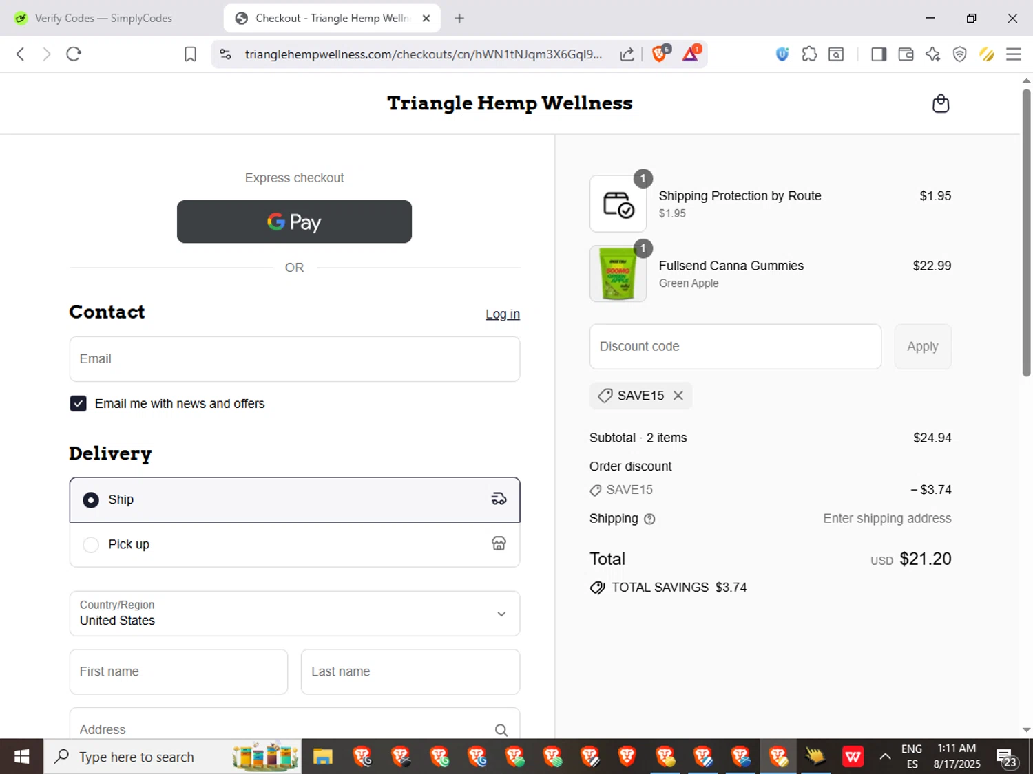 Triangle Hemp Wellness discount code screenshot showing code SAVE15 applied at Triangle Hemp Wellness checkout page. Uploaded by SimplyCodes community member GoldGuardian667 on Aug 17, 2025