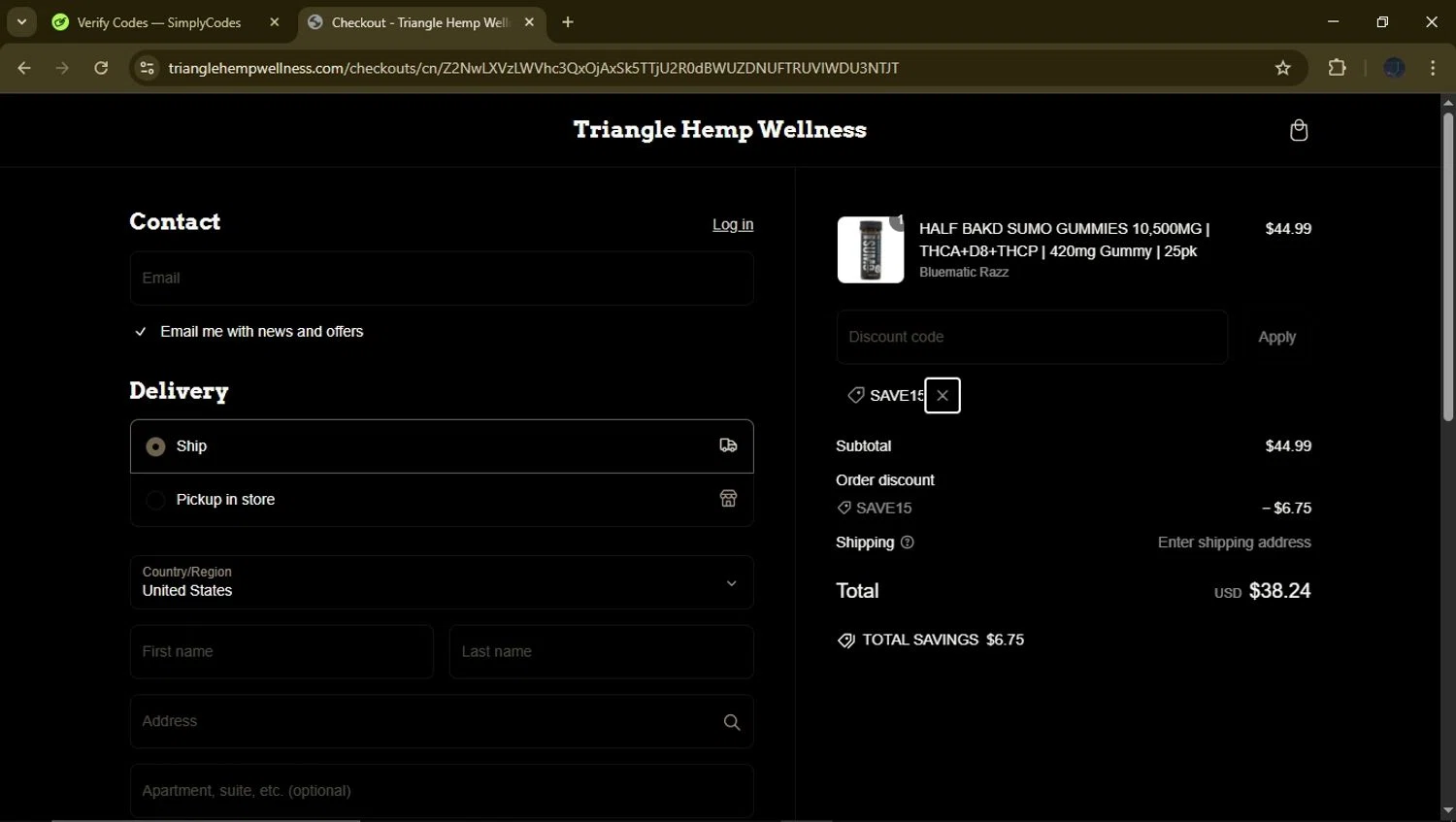 Triangle Hemp Wellness discount code screenshot showing code SAVE15 applied at Triangle Hemp Wellness checkout page. Uploaded by SimplyCodes community member GloriousFinder8415 on Mar 8, 2025