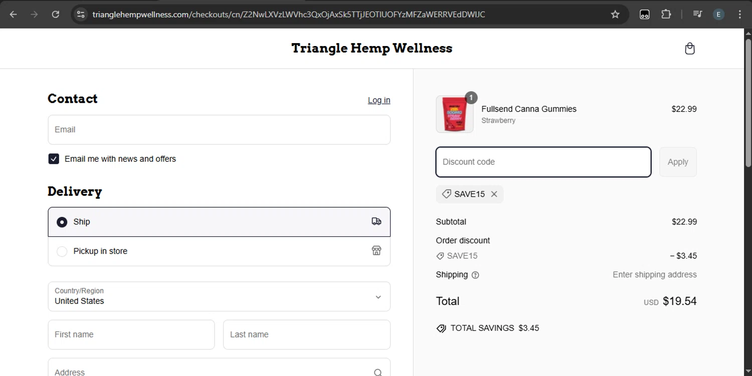 Triangle Hemp Wellness discount code screenshot showing code SAVE15 applied at Triangle Hemp Wellness checkout page. Uploaded by SimplyCodes community member SilverKnight4465 on Mar 8, 2025