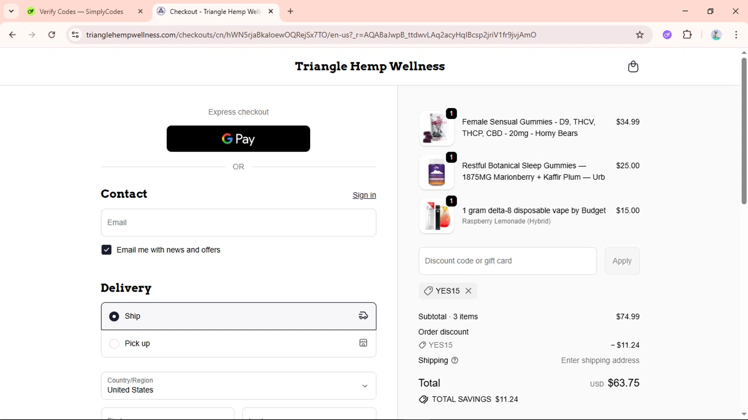 Triangle Hemp Wellness discount code screenshot showing code YES15 applied at Triangle Hemp Wellness checkout page. Uploaded by SimplyCodes community member Aguaita_coco on Nov 29, 2025