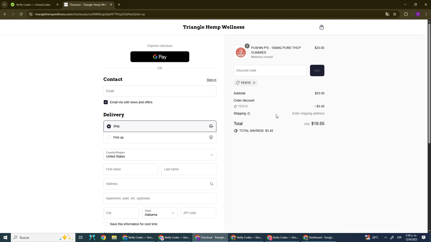 Triangle Hemp Wellness discount code screenshot showing code YES15 applied at Triangle Hemp Wellness checkout page. Uploaded by SimplyCodes community member El_mynor on Sep 12, 2025
