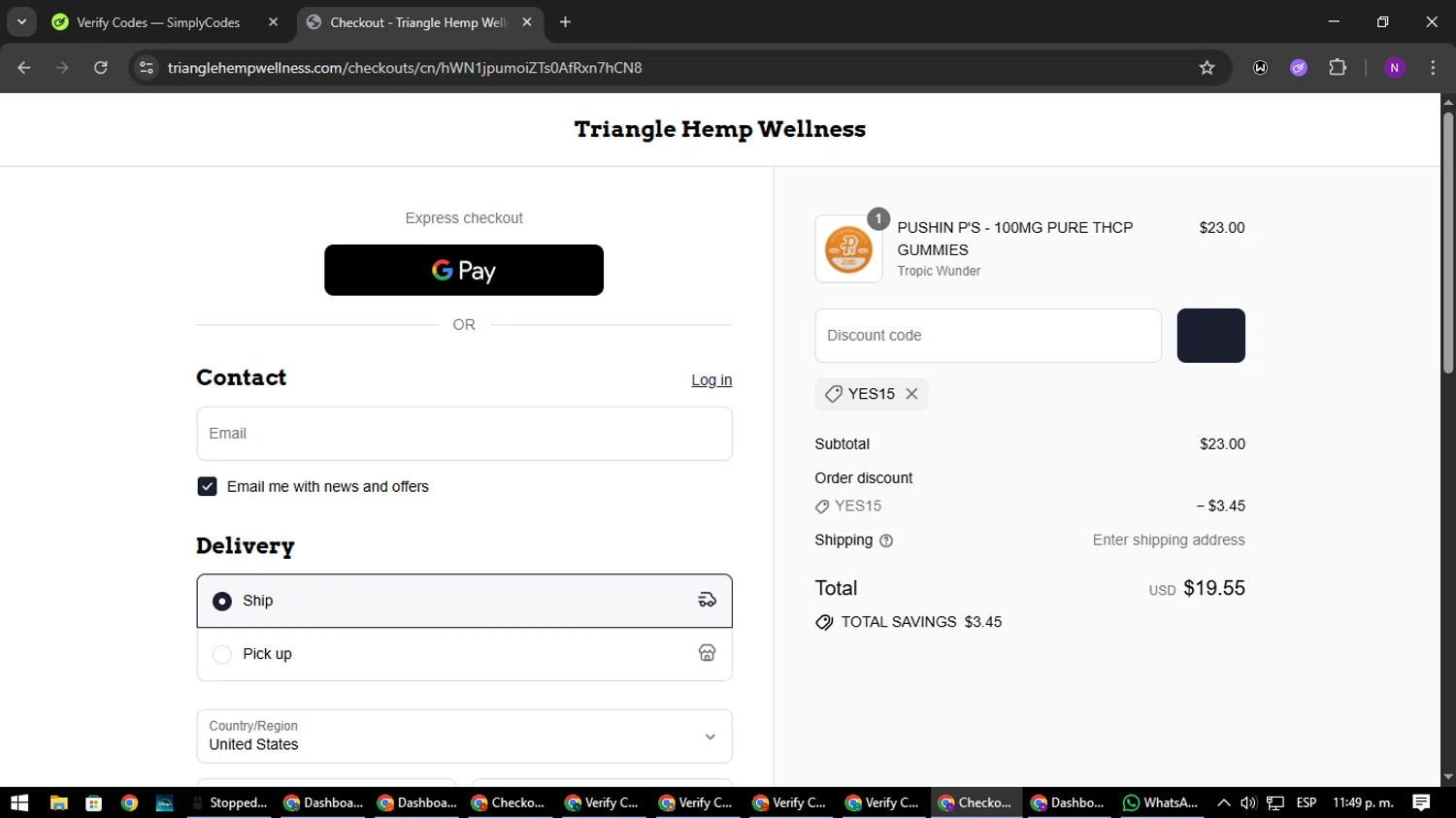 Triangle Hemp Wellness discount code screenshot showing code YES15 applied at Triangle Hemp Wellness checkout page. Uploaded by SimplyCodes community member NATAAAAAANAELCANO on Aug 13, 2025