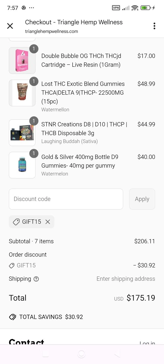 Triangle Hemp Wellness discount code screenshot showing code GIFT15 applied at Triangle Hemp Wellness checkout page. Uploaded by SimplyCodes community member ShieldWhiz4659 on Jun 12, 2025