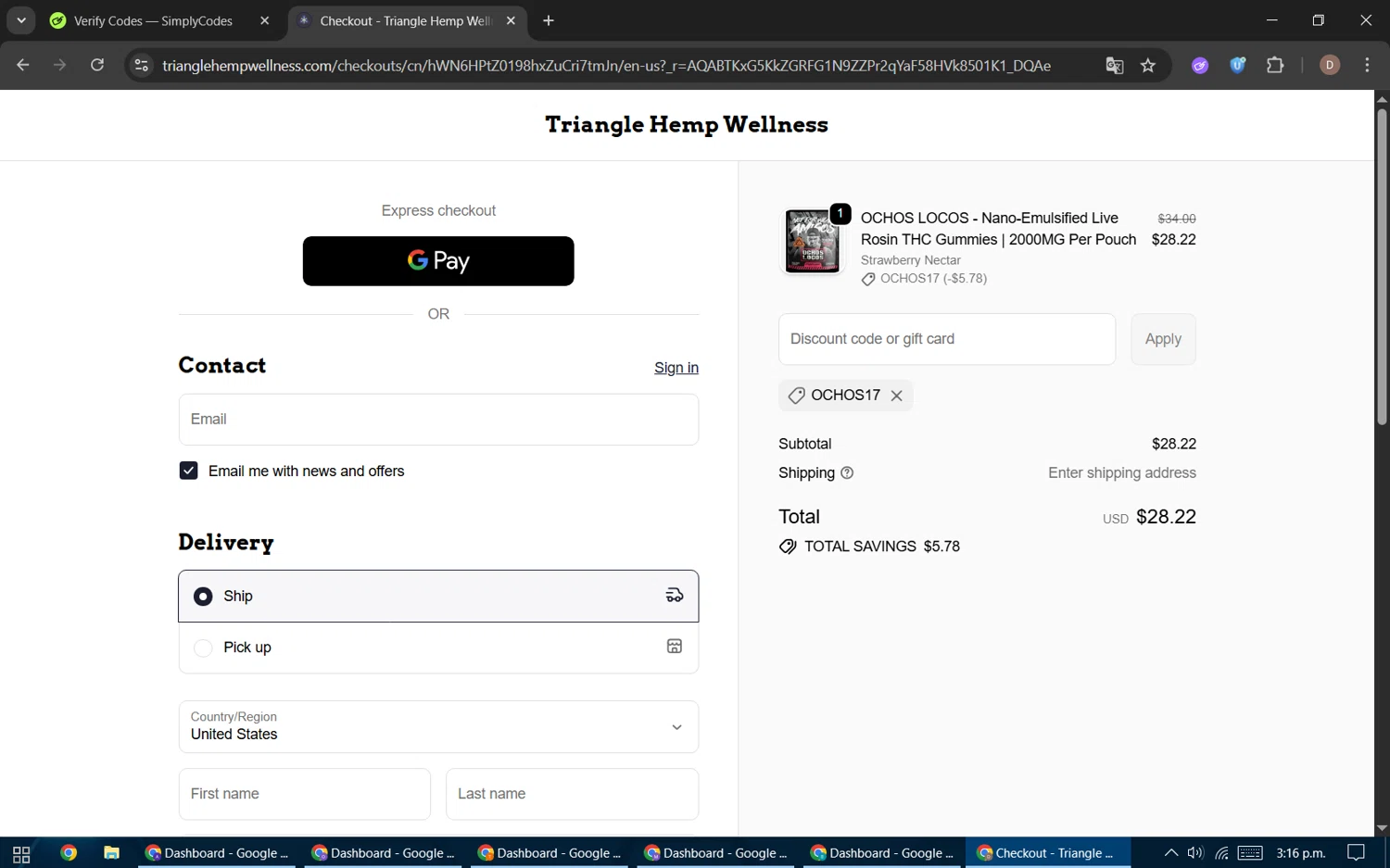 Triangle Hemp Wellness discount code screenshot showing code OCHOS17 applied at Triangle Hemp Wellness checkout page. Uploaded by SimplyCodes community member BrilliantWizard8884 on Dec 10, 2025