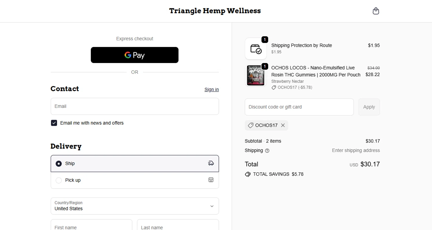 Triangle Hemp Wellness discount code screenshot showing code OCHOS17 applied at Triangle Hemp Wellness checkout page. Uploaded by SimplyCodes community member ylenisjordan on Dec 6, 2025