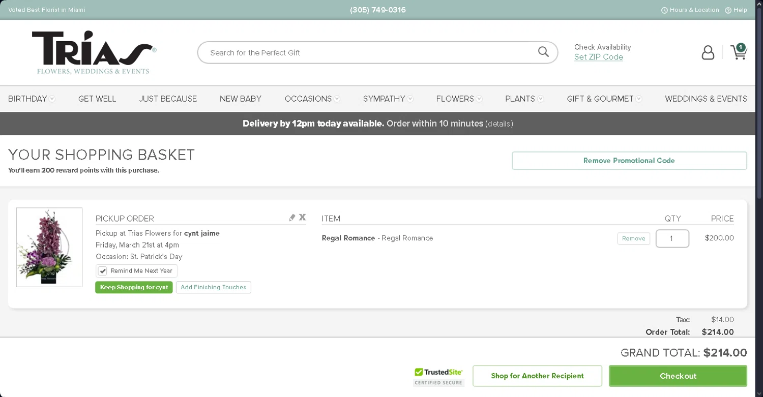 Trias Flowers promo code screenshot showing code save10 applied at Trias Flowers checkout page. Uploaded by SimplyCodes community member Cintirivero on Mar 7, 2025