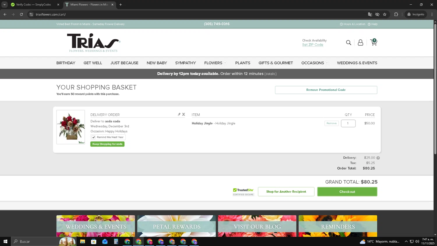 Trias Flowers checkout page showing Trias Flowers promo code box | Screenshot taken by SimplyCodes community member on Nov 11, 2025