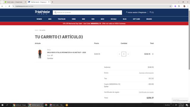 Triathlete Sports checkout page showing Triathlete Sports coupon code box | Screenshot taken by SimplyCodes community member on May 23, 2025