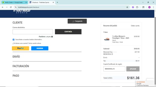 Triathlete Sports checkout page showing Triathlete Sports coupon code box | Screenshot taken by SimplyCodes community member on May 23, 2025