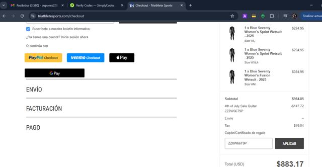 Triathlete Sports checkout page showing Triathlete Sports coupon code box | Screenshot taken by SimplyCodes community member on Jul 3, 2025