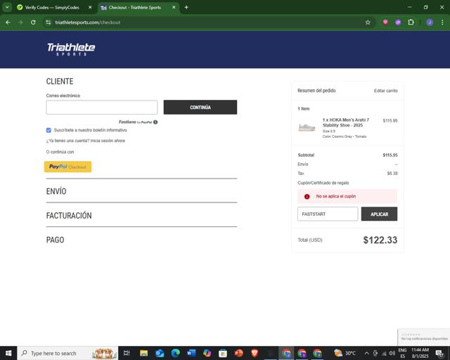 Triathlete Sports checkout page showing Triathlete Sports coupon code box | Screenshot taken by SimplyCodes community member on Aug 1, 2025