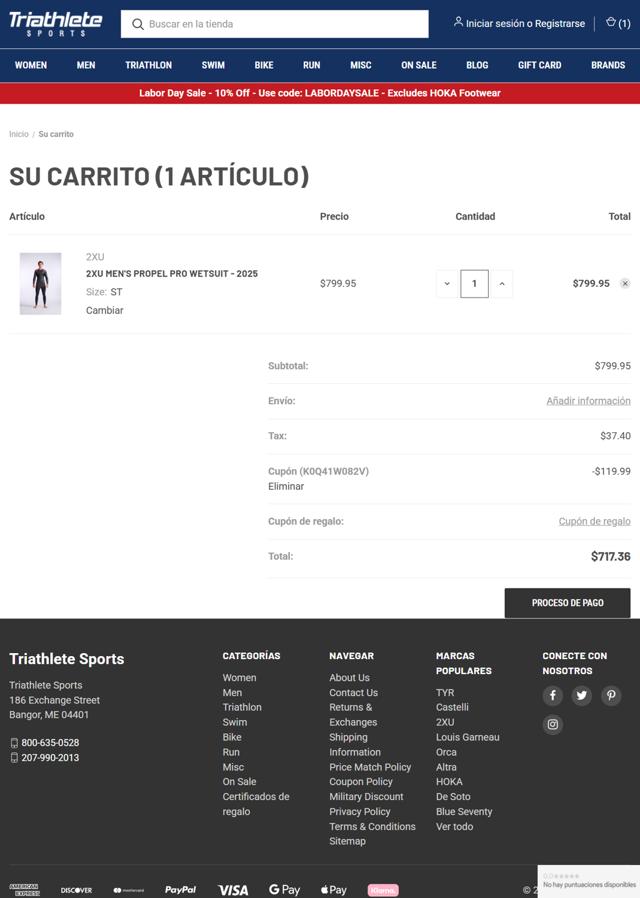 Triathlete Sports checkout page showing Triathlete Sports coupon code box | Screenshot taken by SimplyCodes community member on Sep 2, 2025