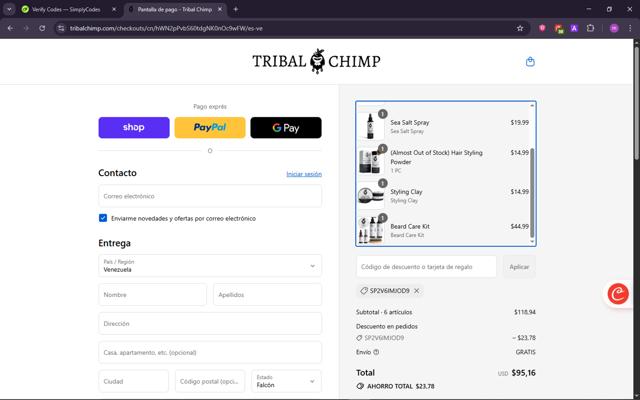 Tribal Chimp checkout page showing Tribal Chimp discount code box | Screenshot taken by SimplyCodes community member on Sep 10, 2025
