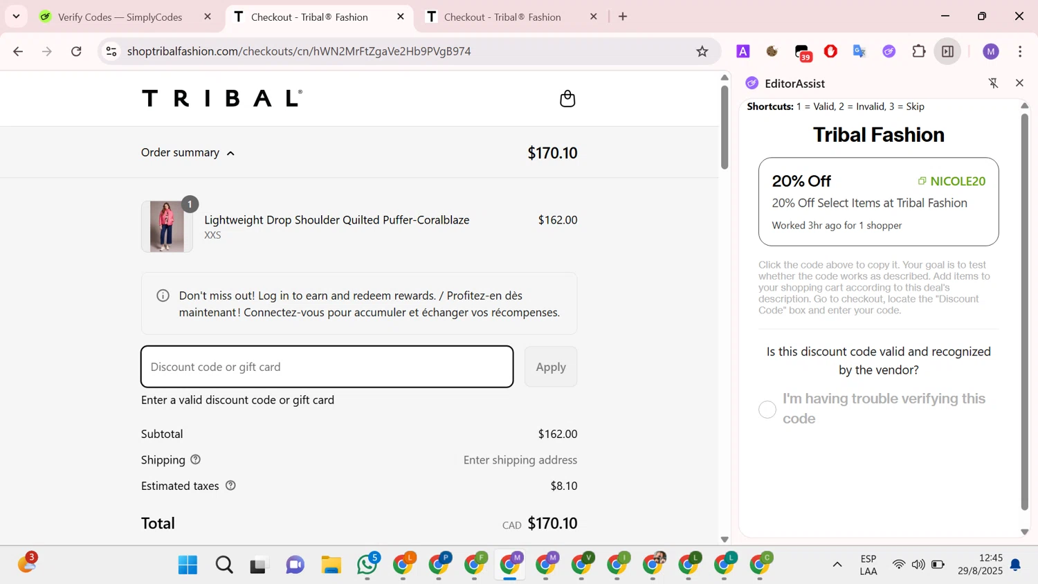 Tribal Fashion promo code screenshot showing code NICOLE20 applied at Tribal Fashion checkout page. Uploaded by SimplyCodes community member CouponCollector598 on Aug 29, 2025
