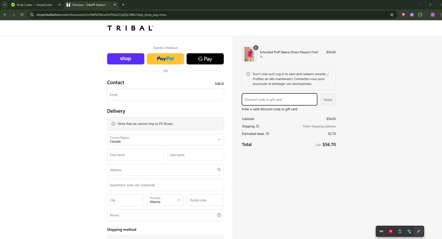 Tribal Fashion promo code screenshot showing code NICOLE20 applied at Tribal Fashion checkout page. Uploaded by SimplyCodes community member PennyWizard1195 on Aug 29, 2025