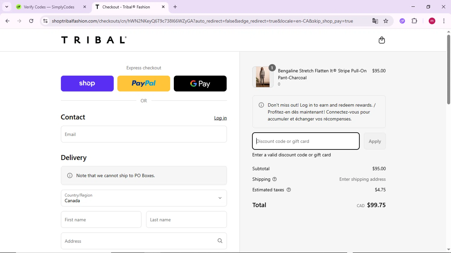 Tribal Fashion promo code screenshot showing code STAYHOME25 applied at Tribal Fashion checkout page. Uploaded by SimplyCodes community member PrimeSage7080 on Aug 29, 2025