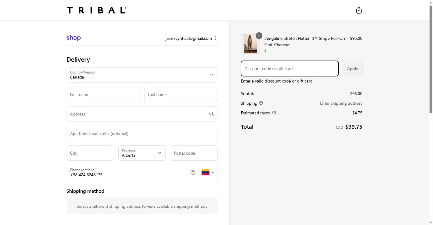 Tribal Fashion promo code screenshot showing code STAYHOME25 applied at Tribal Fashion checkout page. Uploaded by SimplyCodes community member sofia_8 on Aug 29, 2025