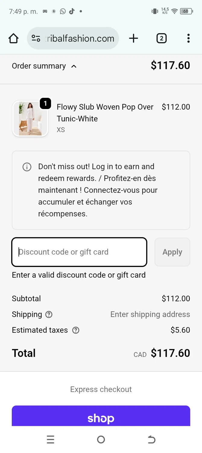 Tribal Fashion promo code screenshot showing code FREESHIP applied at Tribal Fashion checkout page. Uploaded by SimplyCodes community member Emil05111429 on Feb 12, 2026