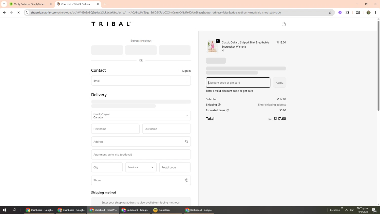 Tribal Fashion promo code screenshot showing code FREESHIP applied at Tribal Fashion checkout page. Uploaded by SimplyCodes community member Phoenix585 on Feb 11, 2026