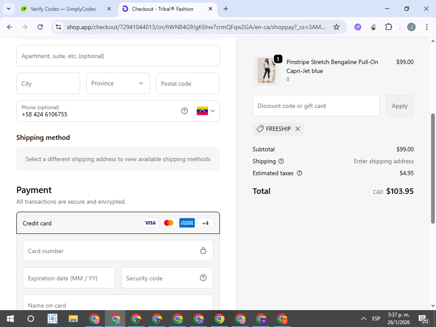 Tribal Fashion checkout page showing Tribal Fashion promo code box | Screenshot taken by SimplyCodes community member on Jan 26, 2026