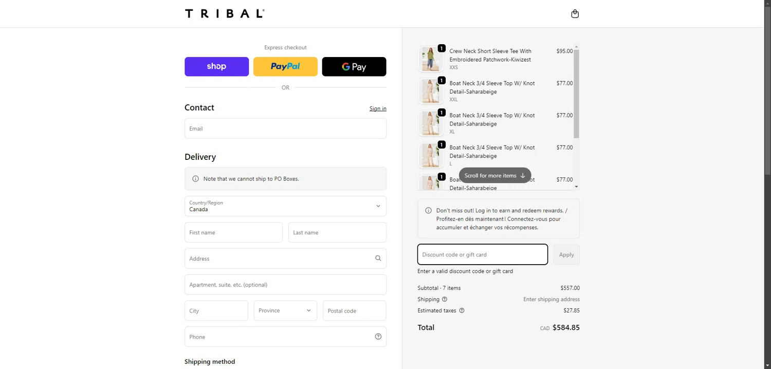 Tribal Fashion promo code screenshot showing code FREESHIP applied at Tribal Fashion checkout page. Uploaded by SimplyCodes community member connyshan2154 on Feb 13, 2026