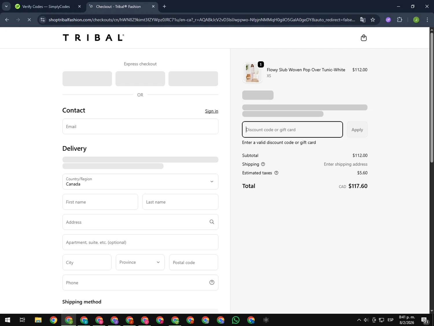 Tribal Fashion promo code screenshot showing code Thankyou15 applied at Tribal Fashion checkout page. Uploaded by SimplyCodes community member MightyFinder1041 on Feb 9, 2026