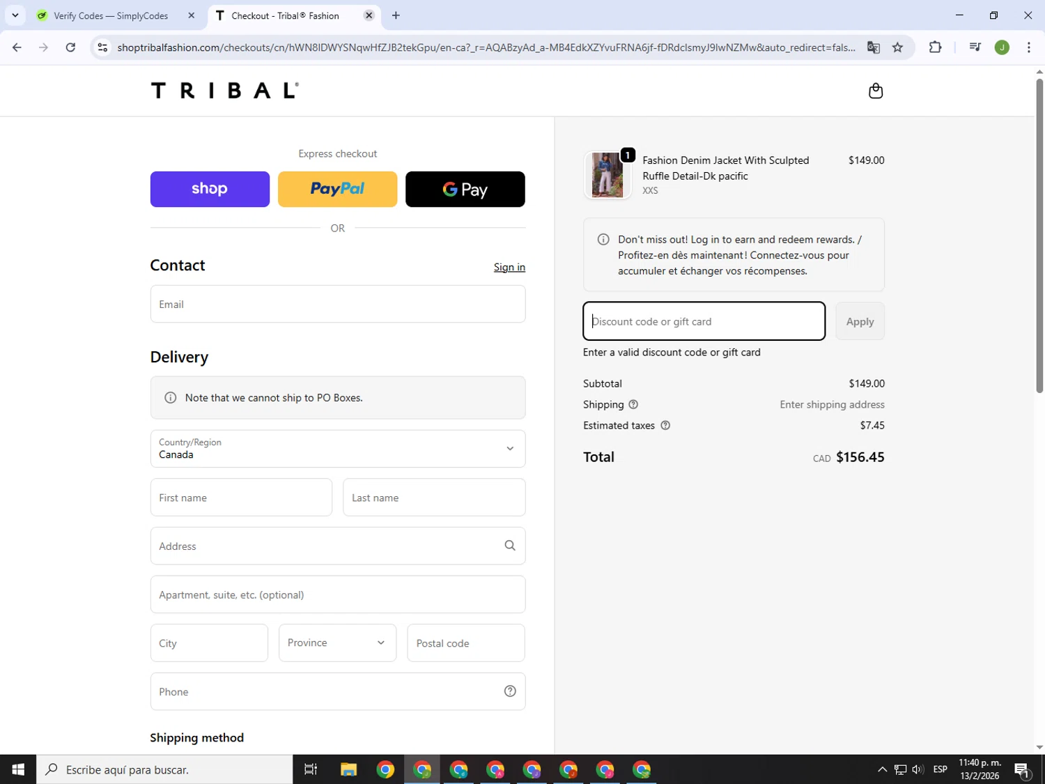 Tribal Fashion promo code screenshot showing code Thankyou15 applied at Tribal Fashion checkout page. Uploaded by SimplyCodes community member MightyFinder1041 on Feb 14, 2026
