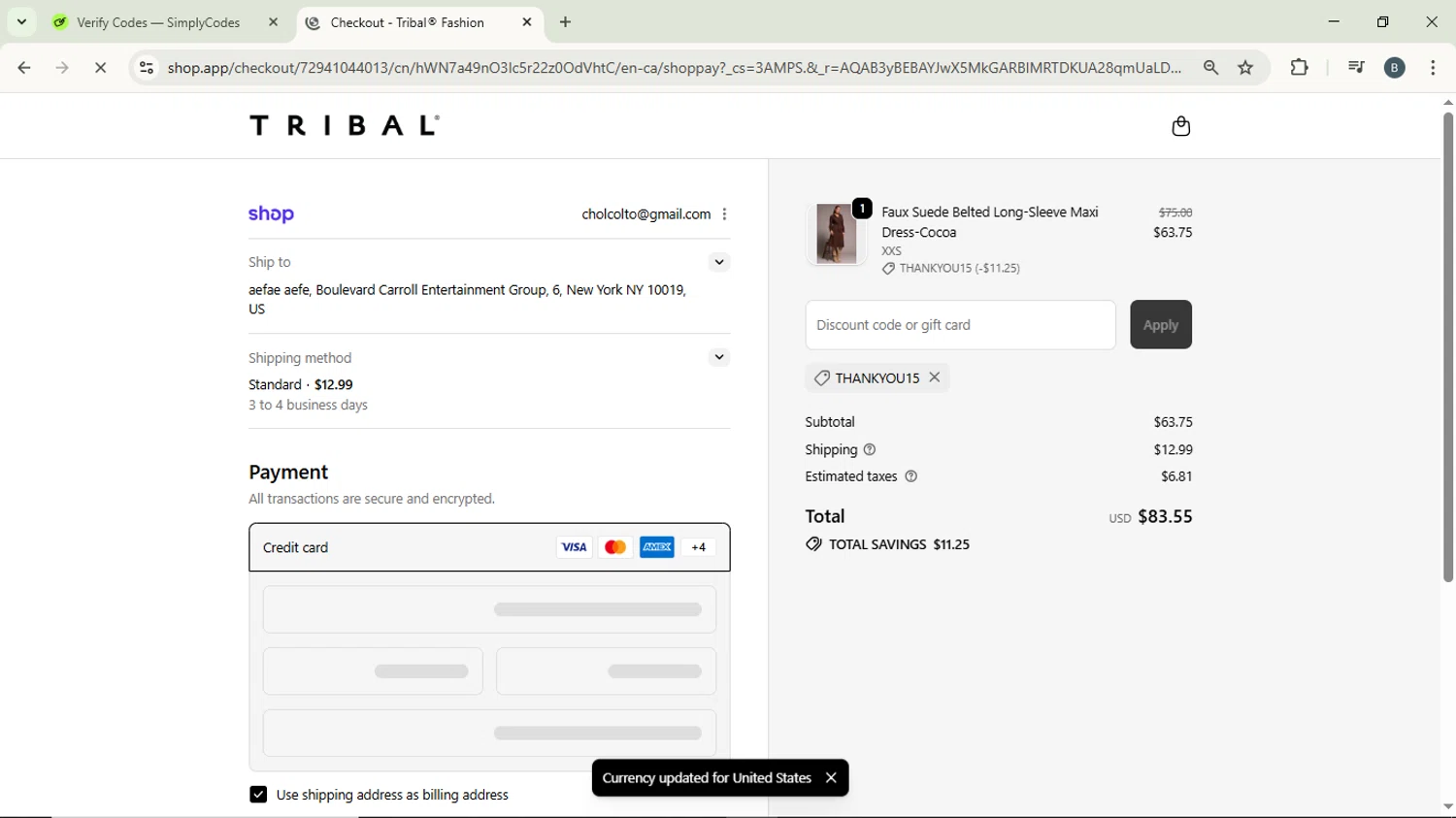 Tribal Fashion promo code screenshot showing code Thankyou15 applied at Tribal Fashion checkout page. Uploaded by SimplyCodes community member ScanPhoenix3549 on Jan 14, 2026