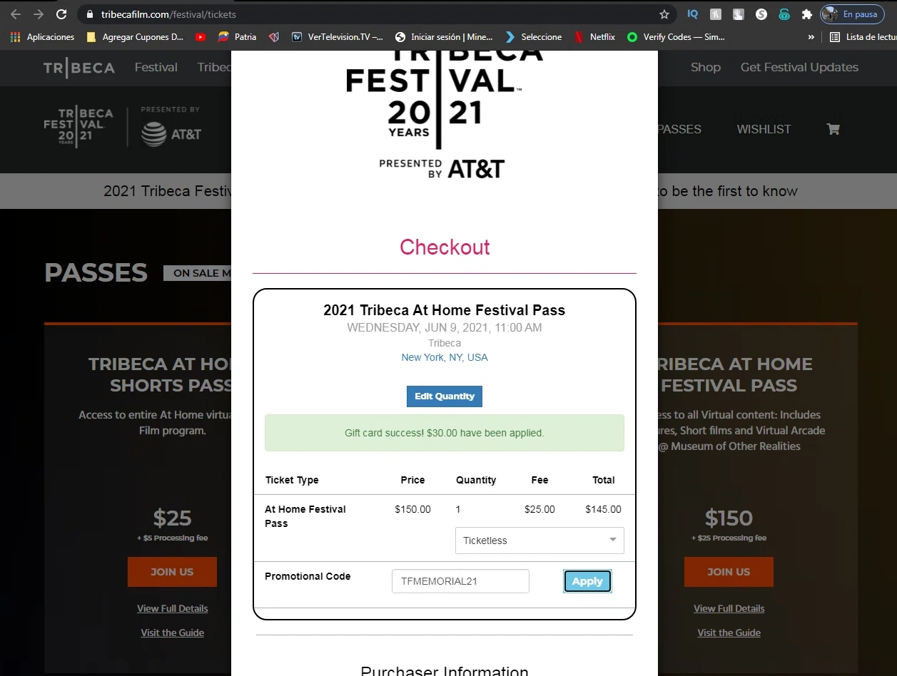 Tribeca Film Festival checkout page showing Tribeca Film Festival promo code box | Screenshot taken by SimplyCodes community member on May 28, 2021