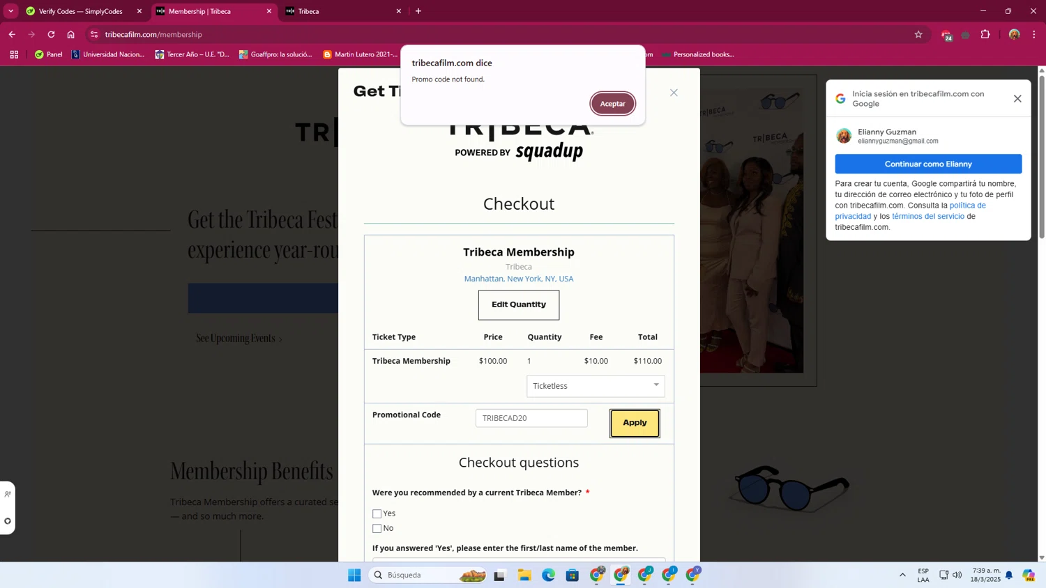 Tribeca Film Festival promo code screenshot showing code TRIBECAD20 applied at Tribeca Film Festival checkout page. Uploaded by SimplyCodes community member ENGP2105 on Mar 18, 2025