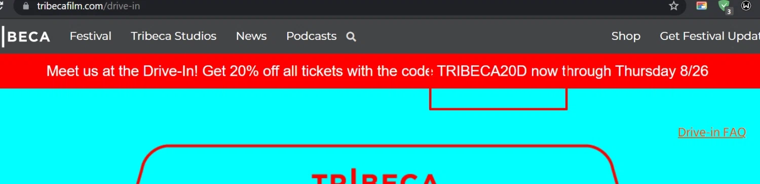 Tribeca Film Festival checkout page showing Tribeca Film Festival promo code box | Screenshot taken by SimplyCodes community member on Aug 10, 2021