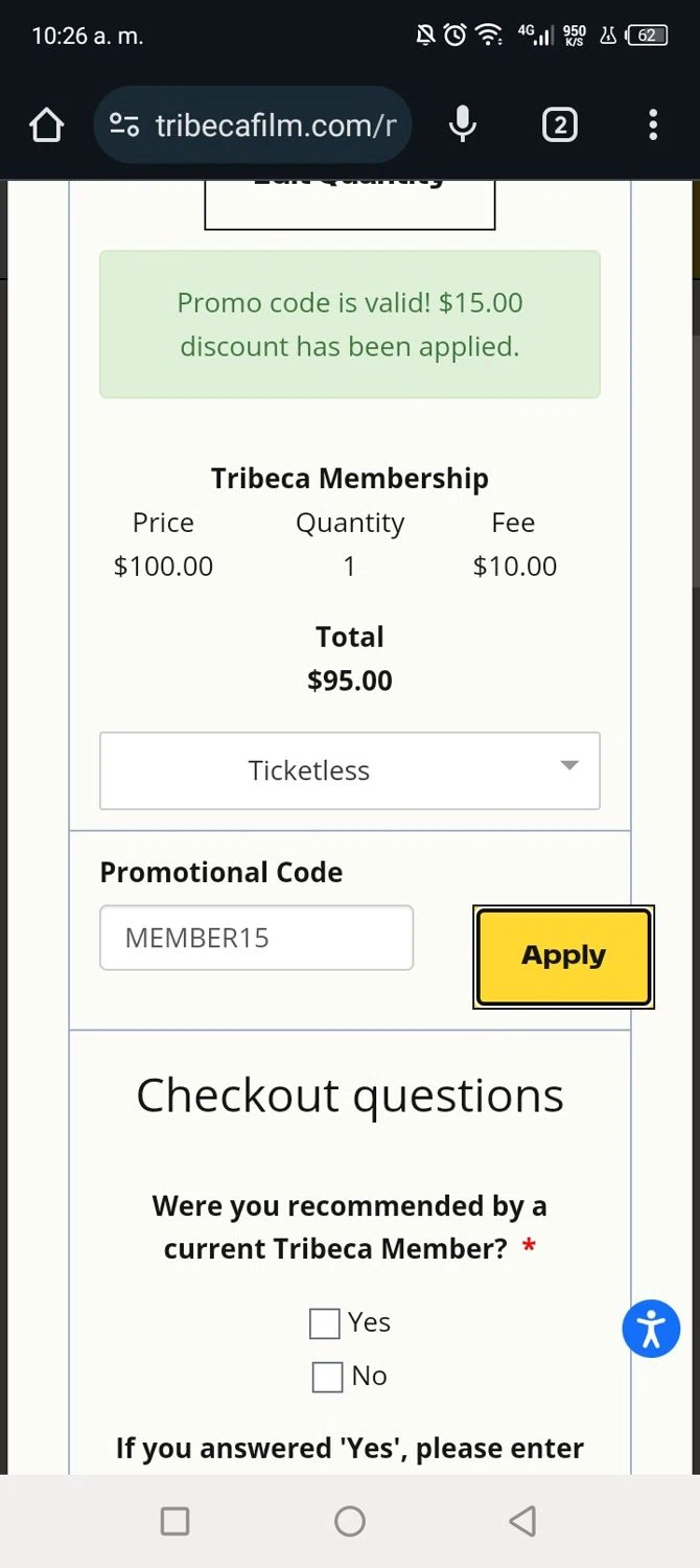 Tribeca Film Festival checkout page showing Tribeca Film Festival promo code box | Screenshot taken by SimplyCodes community member on Nov 28, 2024