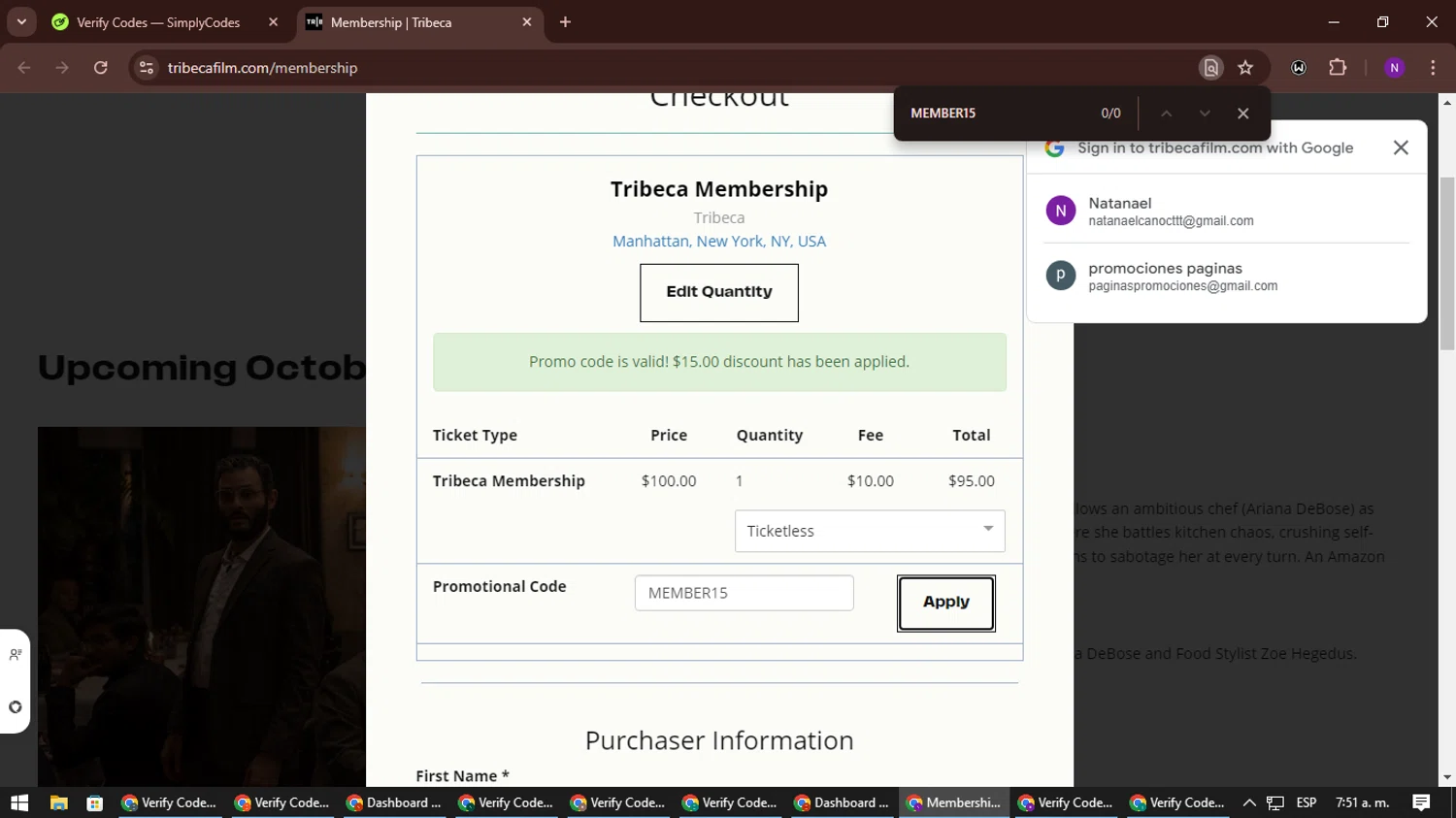 Tribeca Film Festival checkout page showing Tribeca Film Festival promo code box | Screenshot taken by SimplyCodes community member on Oct 1, 2024