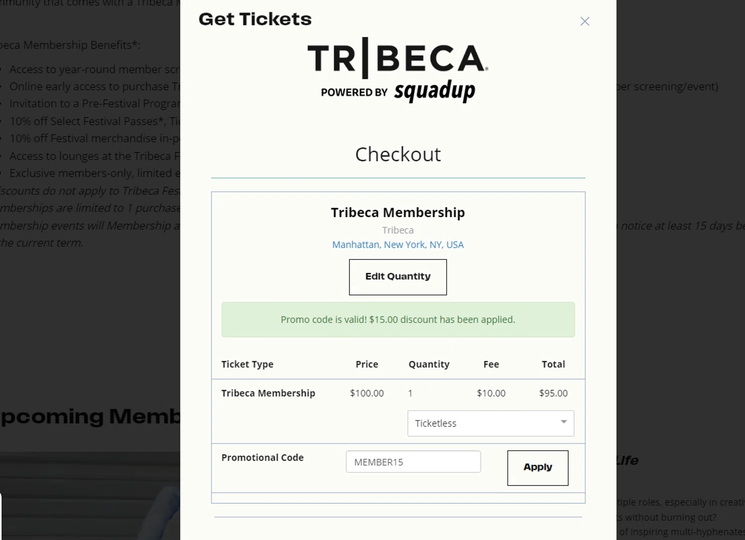Tribeca Film Festival checkout page showing Tribeca Film Festival promo code box | Screenshot taken by SimplyCodes community member on Oct 30, 2024