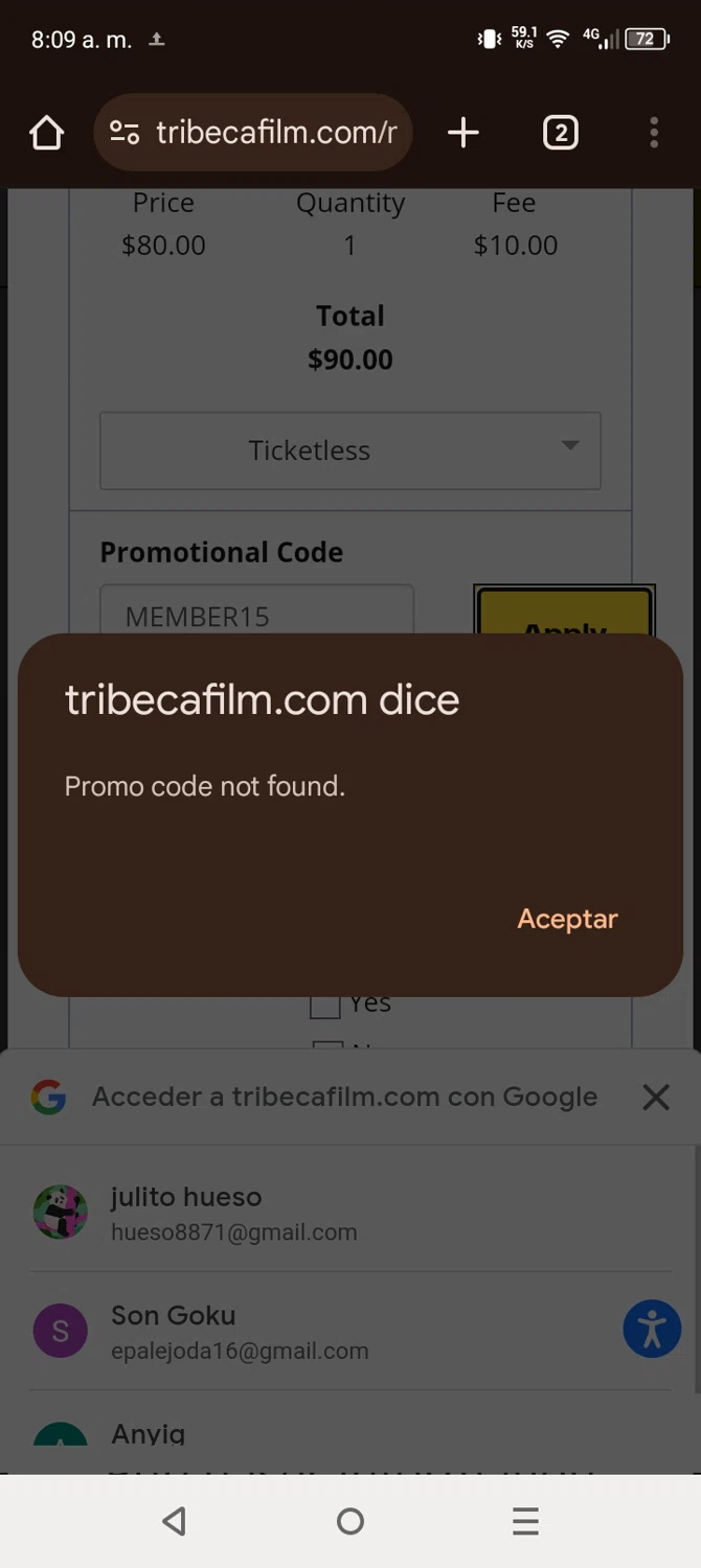 Tribeca Film Festival promo code screenshot showing code MEMBER15 applied at Tribeca Film Festival checkout page. Uploaded by SimplyCodes community member Vanmanuel on Dec 27, 2024