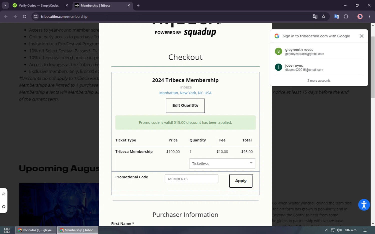 Tribeca Film Festival checkout page showing Tribeca Film Festival promo code box | Screenshot taken by SimplyCodes community member on Aug 2, 2024