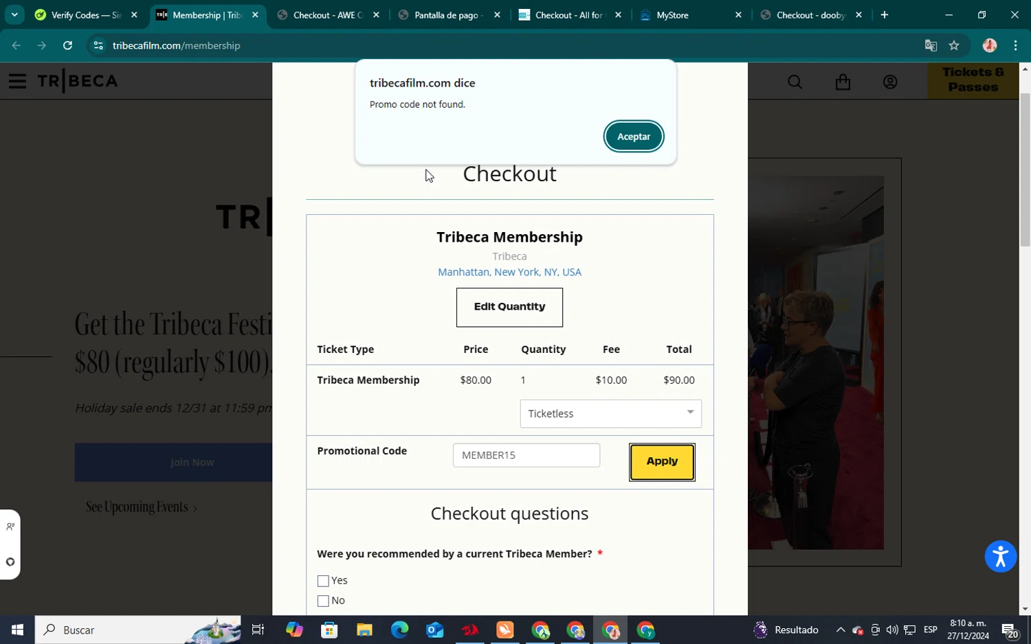 Tribeca Film Festival promo code screenshot showing code MEMBER15 applied at Tribeca Film Festival checkout page. Uploaded by SimplyCodes community member jenifer on Dec 27, 2024