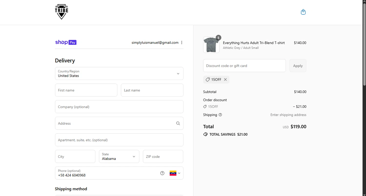 Tribe Lacrosse discount code screenshot showing code 15OFF applied at Tribe Lacrosse checkout page. Uploaded by SimplyCodes community member WoskalRevenge on Aug 3, 2025
