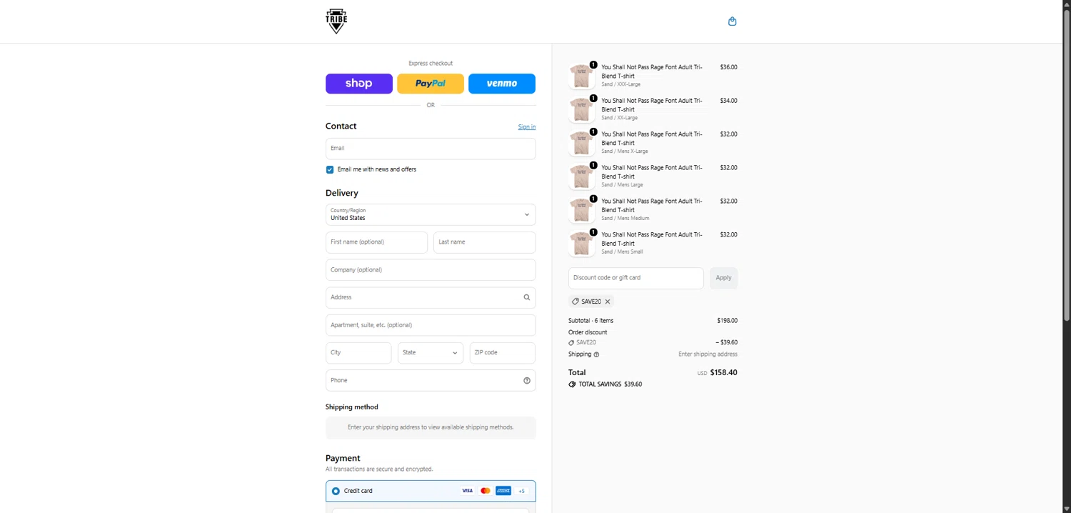 Tribe Lacrosse checkout page showing Tribe Lacrosse discount code box | Screenshot taken by SimplyCodes community member on Feb 7, 2026