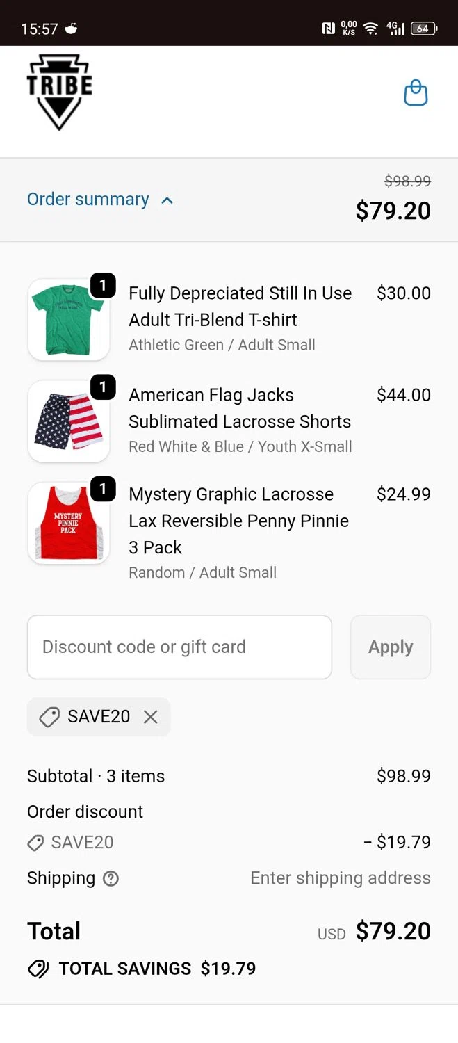Tribe Lacrosse discount code screenshot showing code SAVE20 applied at Tribe Lacrosse checkout page. Uploaded by SimplyCodes community member Papiee on Nov 22, 2025