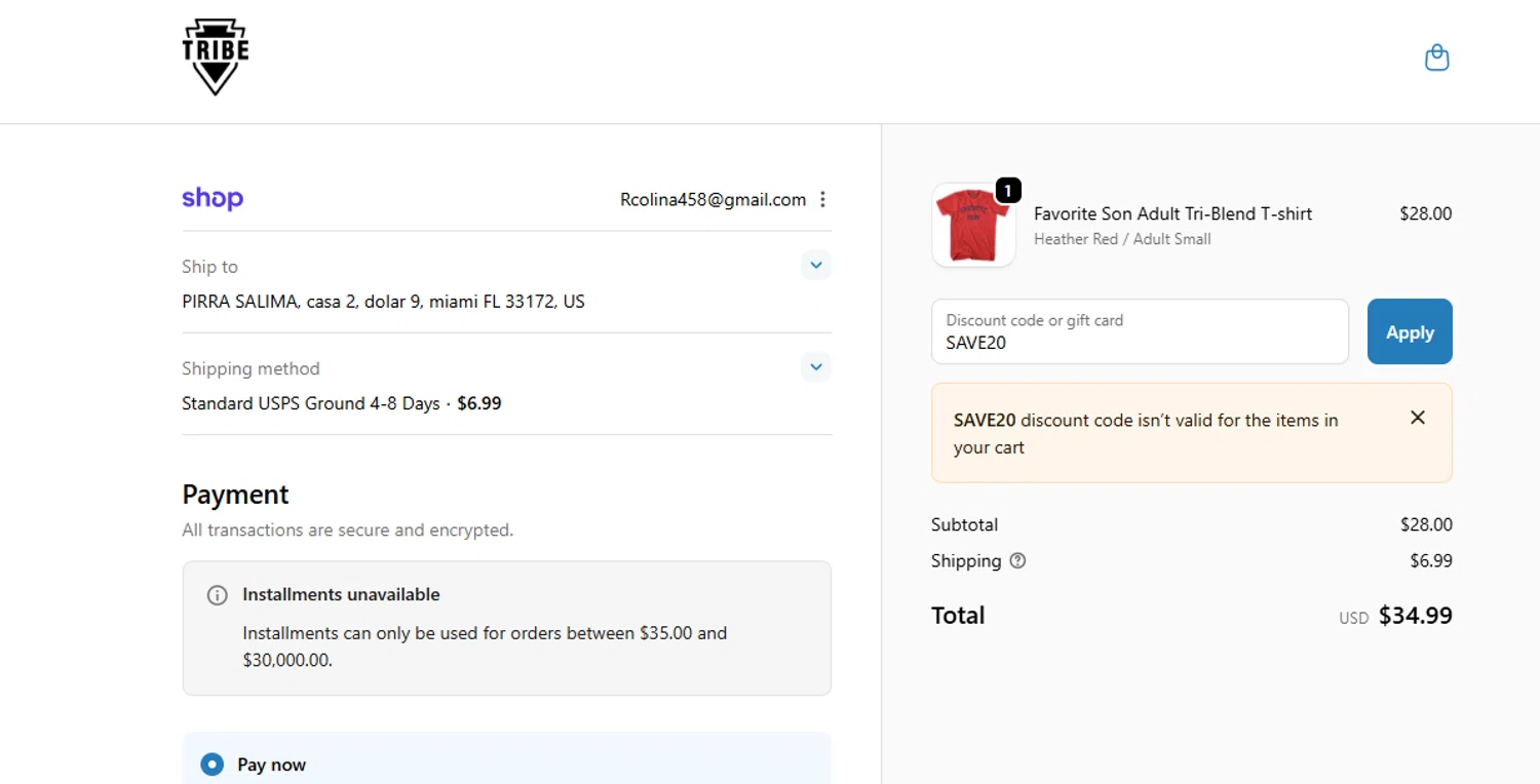 Tribe Lacrosse discount code screenshot showing code SAVE20 applied at Tribe Lacrosse checkout page. Uploaded by SimplyCodes community member ScanGenius949 on Oct 2, 2025